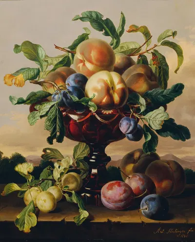 Stillleben mit Pfirsichen und Pflaumen in roter Glasschale by Anton Hartinger, 1848 — digital art print download