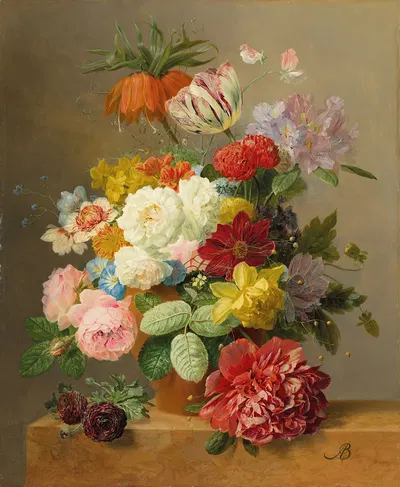 Still life with roses, peonies, tulips, narcissi, convulvulus and others in a vase on a marble ledge by Arnoldus Bloemers —…