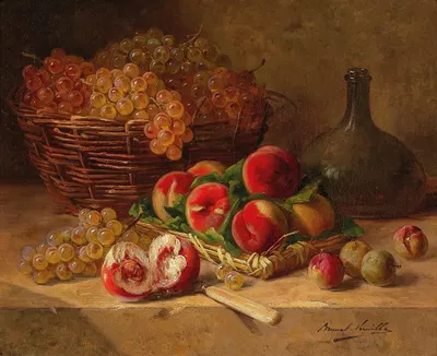 Fruit Still Life with Peaches and Grapes by Артур-Алфред Брунель де Нёвиль — digital art print download
