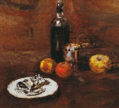 Stillleben mit drei Äpfeln und Käse in Staniol by Carl Schuch, 1886 — digital art print download