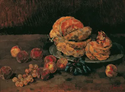 Stillleben mit Kürbis, Pfirsich und Weintrauben by Карл Шух, 1884 — digital art print download
