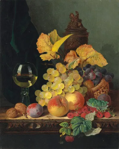 A roemer, grapes, peaches, plums, raspberries and walnuts on a wooden ledge by Edward Ladell — digital art print download
