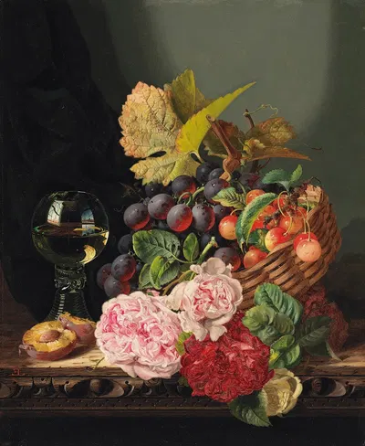 Still life with peonies and a glass of wine by Edward Ladell — digital art print download