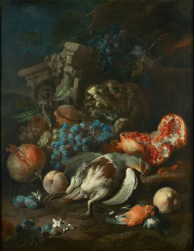 Früchtestück mit totem Rebhuhn und Gimpelmännchen by Franz Werner von Tamm, 1720 — digital art print download
