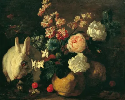Stillleben mit Kaninchen, Blumen und Früchten by Franz Werner von Tamm, 1720-1724 — digital art print download