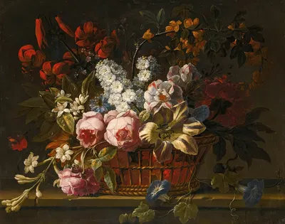 Still life of pink roses, tulips, hyacinths, jasmine and other flowers loosely arranged in a wicker basket, all upon a…