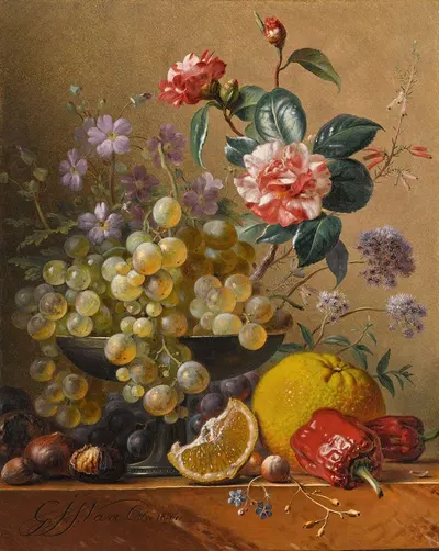 Still life with a camelia spray, cornflowers and grapes in a silver bowl, with nuts, an orange and red peppers, all on a…