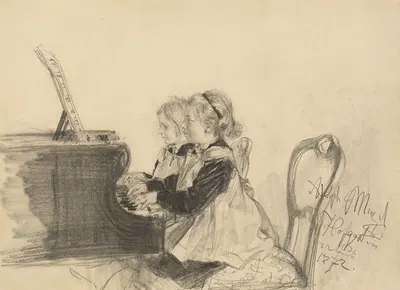 Therese und Grete Herrmann beim Klavierspiel by Адольф фон Менцель, 1872 — digital art print download