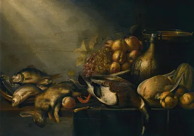 Still life with a dead hare and duck, fish, vegetables and an earthenware flagon, on a draped table by Harmen Steenwyck —…