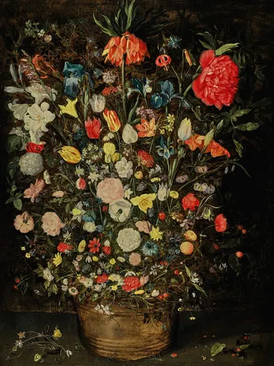 Still life with a large bouquet of flowers in a wooden bucket by Ян Брейгель младший — digital art print download