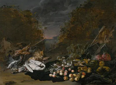 A still life of a swan and other birds, with rabbits, fruit and vegetables and a landscape beyond by Ян ван Кессель Младший…