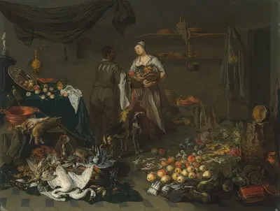 A kitchen interior with a maid and a servant conversing by Ян Ван Кессель Старший, 1650 — digital art print download