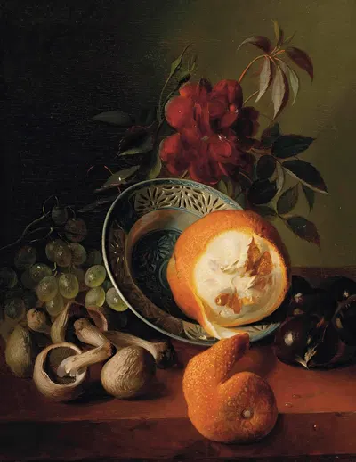A rose, grapes, mushrooms, an orange and chestnuts by Jean-Baptiste Robie — digital art print download