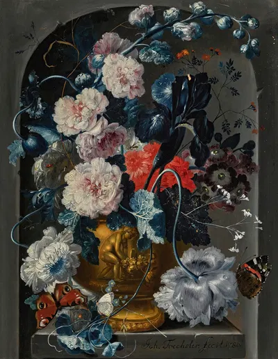 Still life with carnations, roses, hollyhocks and other flowers in a sculpted bronze urn with butterflies in an alcove by…