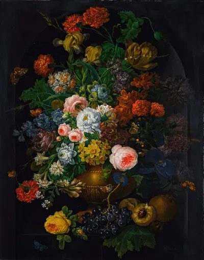 A still life of flowers in a vase with butterflies by Иоганн Баптист Дрекслер, 1811 — digital art print download