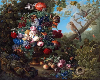 Großes Blumenstillleben mit Vögeln by Иоганн Баптист Дрекслер, 1799 — digital art print download