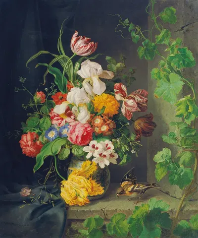 Still life with flowers, sparrow and vine branch by Josef Lauer, 1848 — digital art print download