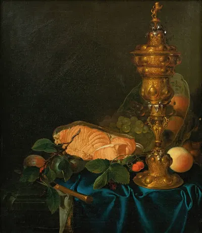 Still life with a cup, a salmon and fruits by Юстус Юнкер, 1755 — digital art print download