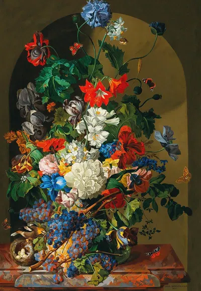A large bouquet of flowers with a bird’s nest, butterflies and grapes by Leopold Zinnögger, 1840 — digital art print download