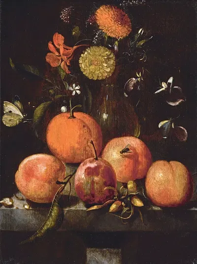 Still life with plums, an orange, a cabbage white butterfly and flowers in a glass vase on a stone ledge by Martinus…