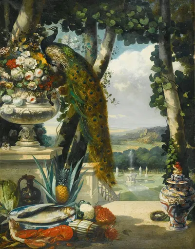 Still life with peacock, flowers, fruit and japanese vase, an extensive park landscape beyond by Нарцисс-Виржиль Диаз де Ла…
