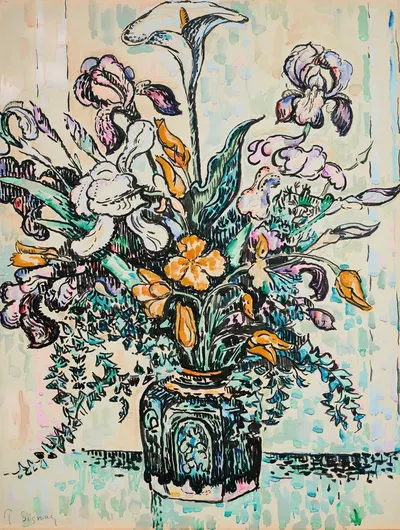 Bouquet (iris, arum, tulipes) dans un vase d’André Metthey by Paul Signac — digital art print download