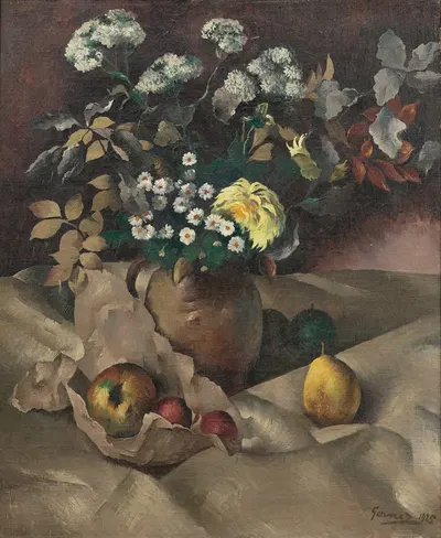 Still life with flowers, pears and apples by Paul-Elie Gernez, 1925 — digital art print download