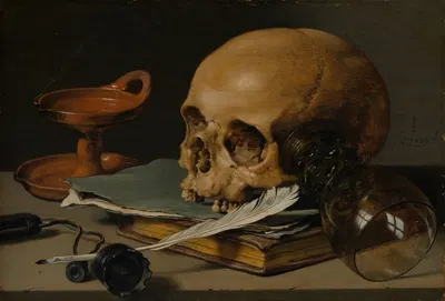 Still Life with a Skull and a Writing Quill by Pieter Claesz, 1628 — digital art print download