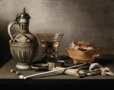Still Life with a Stoneware Jug, Berkemeyer, and Smoking Utensils by Pieter Claesz, 1640 — digital art print download