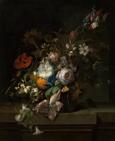 Tulips, rose, honeysuckle, apple blossom, poppies and other flowers in a glass vase, with a butterfly, on a marble ledge by…