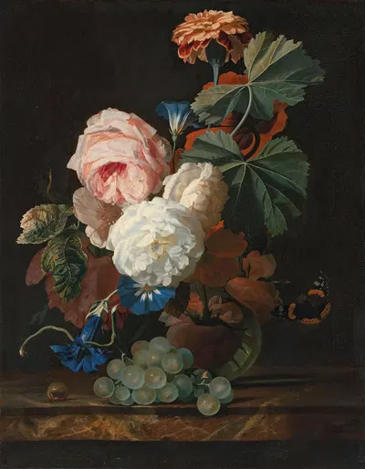 Roses, columbine, and poppies in a glass vase on a marble ledge with some grapes by Симон Верелст — digital art print…