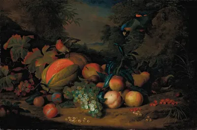 A split melon, peaches, plums, grapes, apples and currants with a parrot and a bullfinch, a mountainous landscape beyond by…