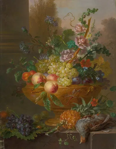 An urn filled with flowers, grapes, peaches, plums and apricots, a pineapple and a pigeon in the foreground by Виллем ван…