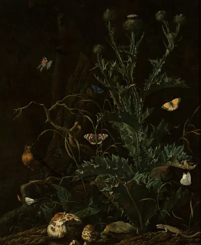 Thistles, butterflies and a lizard by Абрахам Янсз. Бегеин — digital art print download