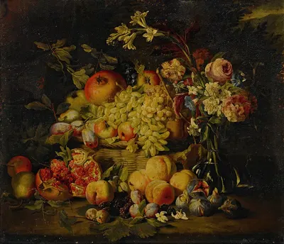 Still life of flowers and fruits, including pomegranates, peaches, and grapes by Абрахам Брейгель — digital art print…