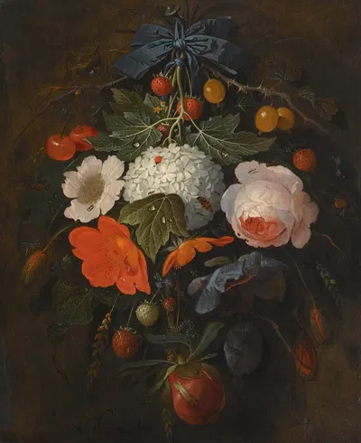 A Festoon Of Flowers And Fruit, Including A Pink Rose, A Poppy, A Snowball, Gooseberries And Fraises De Bois, Along With A…