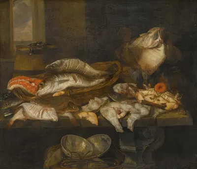 A Still Life With Salmon, Plaice, A Crab And Other Fish Arranged On A Table, A View Of The Sea Beyond by Авраам ван Бейерен…