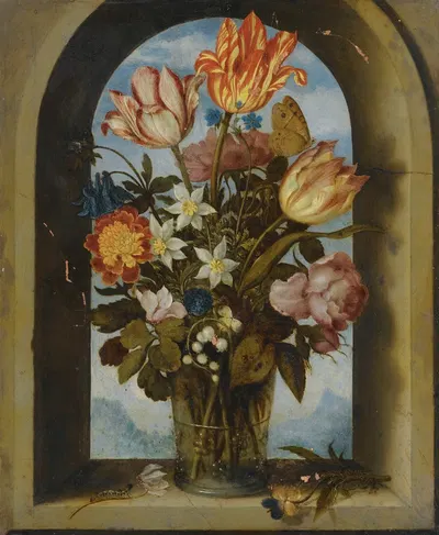 Still Life Of Tulips, Moss-Roses, Lily-Of-The-Valley And Other Flowers In A Glass Beaker Set In An Arched Stone Window…