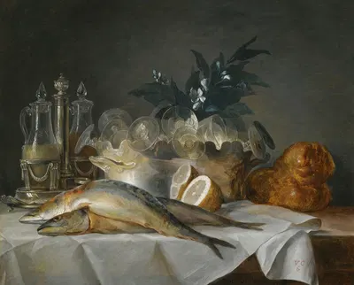 A Still Life Of Mackerel, Glassware, A Loaf Of Bread And Lemons On A Table With A White Cloth by Anne Vallayer-Coster, 1787…