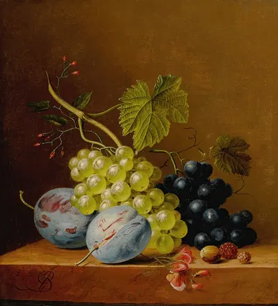 Grapes, plums, raspberries, flowers and an acorn on a wooden ledge by Arnoldus Bloemers — digital art print download