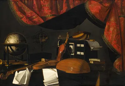 A still life with musical instruments and a globe on a table, a curtain behind by Bartolomeo Bettera — digital art print…