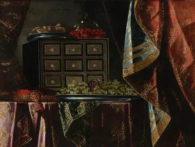 STILL LIFE OF A CHEST, FRUIT AND OTHER OBJECTS ON A BROCADE DRAPED TABLE by Carlo Manieri — digital art print download