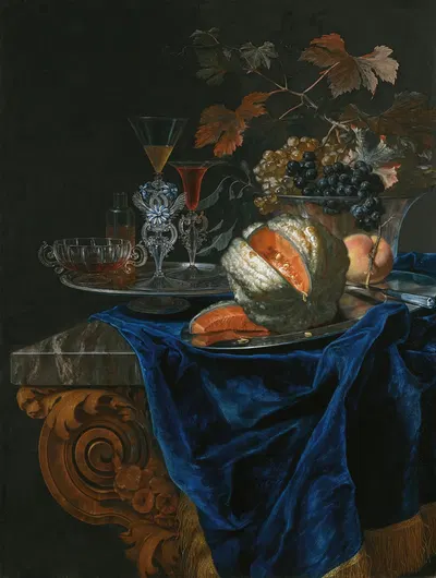 Still Life With A Melon And A Peach On A Silver Platter by Christian Berentz — digital art print download