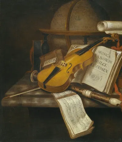A Vanitas Still Life With A Violin, A Recorder And A Score Of Music On A Marble Table-Top by Эдвард Коллиер — digital art…