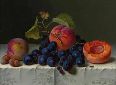 Still Life Of Peaches, Grapes, And Nuts On A Table by Emilie Preyer — digital art print download