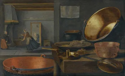 A Kitchen Still Life With Pots And Pans On A Stone Ledge And Animated Figures In The Background by Floris van Schooten —…