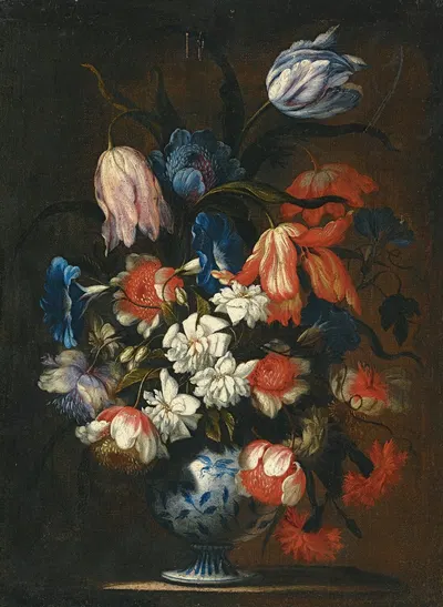 A Still Life With Tulips, Carnations And Other Flowers In A Blue And White Porcelain Vase by Francesco Caldei — digital art…