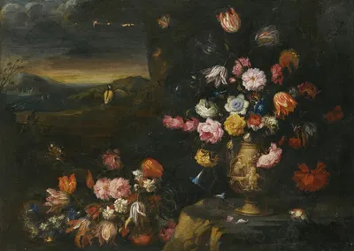 Still Life With Vase Of Flowers In A Coastal Landscape Setting by Francesco Caldei — digital art print download