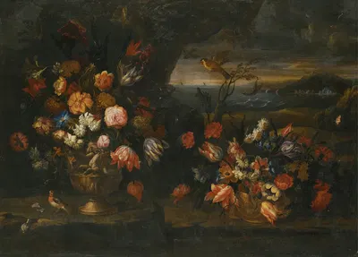 Still Life With Vase Of Flowers In A Coastal Landscape Setting by Francesco Caldei — digital art print download