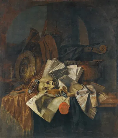 A Vanitas Still Life With A Skull, A Shield, An Hour Glass, Books And Papers On A Tabletop by Franciscus Gijsbrechts —…